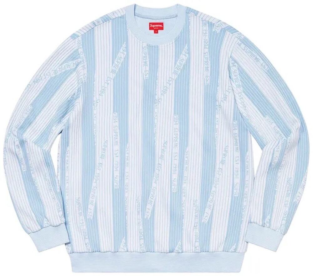 Supreme - Light Blue Authentic FW20 Texture Stripe Crewneck Sweatshirt - L - NWT